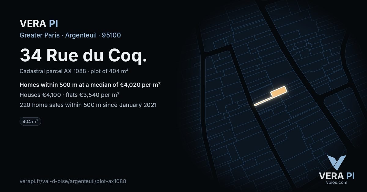 34 Rue du Coq, Argenteuil at night – the plot lit, the parcels around coloured by the prices near them