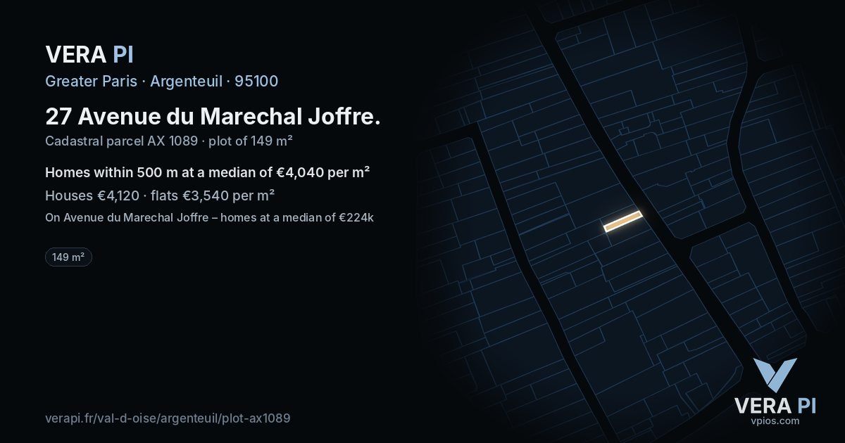 27 Avenue du Marechal Joffre, Argenteuil at night – the plot lit, the parcels around coloured by the prices near them