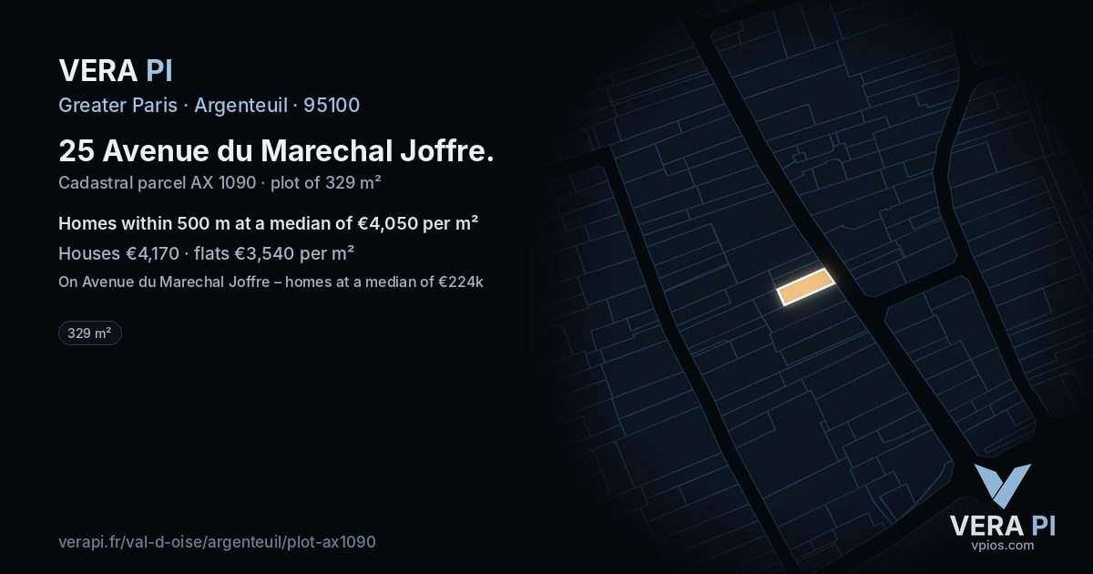 25 Avenue du Marechal Joffre, Argenteuil at night – the plot lit, the parcels around coloured by the prices near them