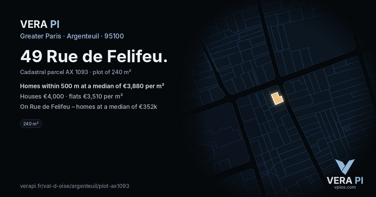 49 Rue de Felifeu, Argenteuil at night – the plot lit, the parcels around coloured by the prices near them