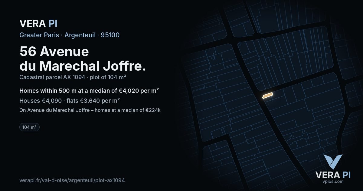 56 Avenue du Marechal Joffre, Argenteuil at night – the plot lit, the parcels around coloured by the prices near them