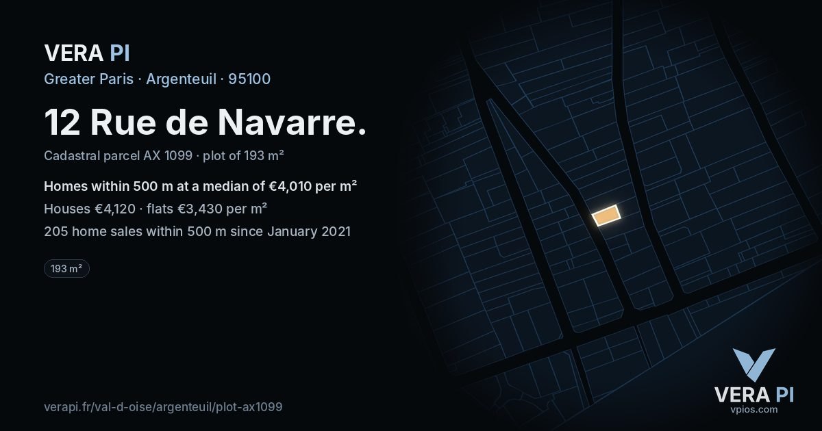 12 Rue de Navarre, Argenteuil at night – the plot lit, the parcels around coloured by the prices near them