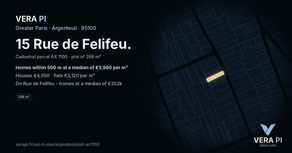 15 Rue de Felifeu, Argenteuil at night – the plot lit, the parcels around coloured by the prices near them