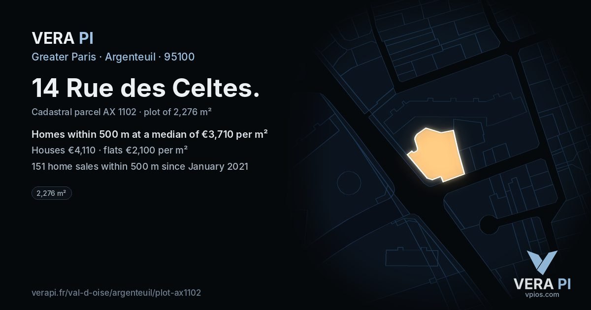 14 Rue des Celtes, Argenteuil at night – the plot lit, the parcels around coloured by the prices near them