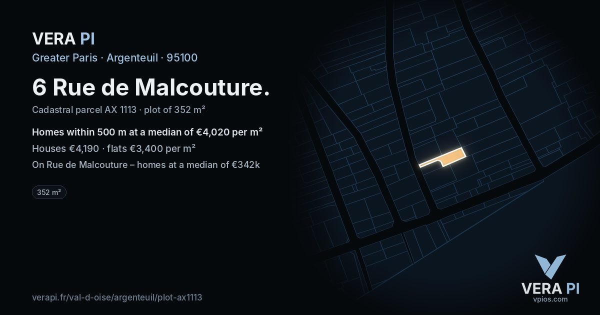 6 Rue de Malcouture, Argenteuil at night – the plot lit, the parcels around coloured by the prices near them