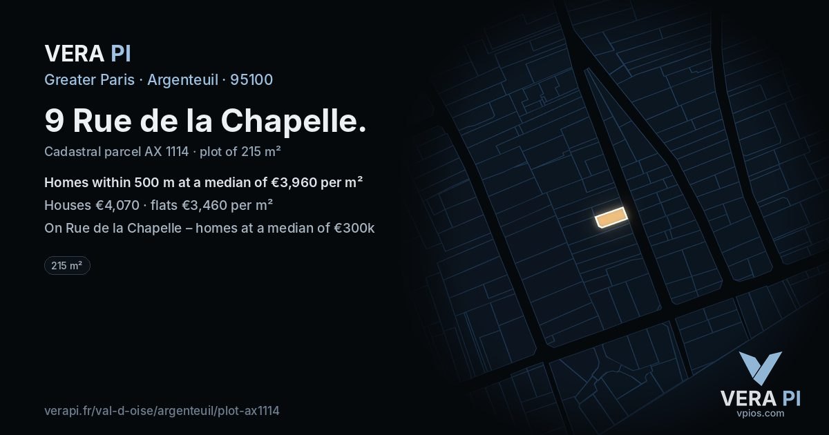 9 Rue de la Chapelle, Argenteuil at night – the plot lit, the parcels around coloured by the prices near them