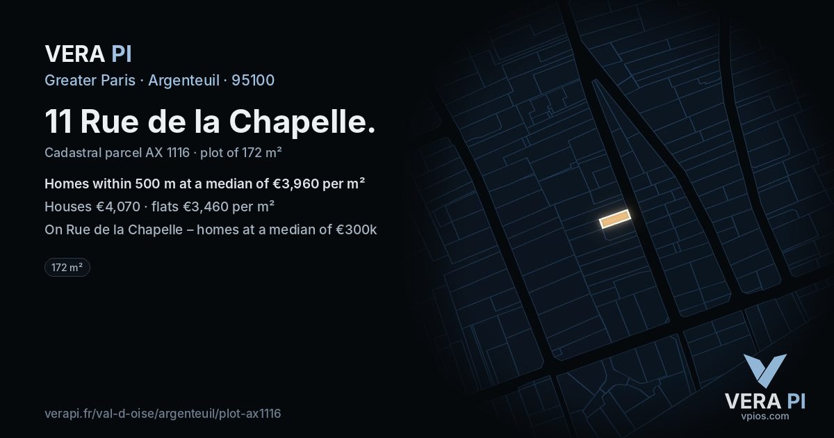 11 Rue de la Chapelle, Argenteuil at night – the plot lit, the parcels around coloured by the prices near them