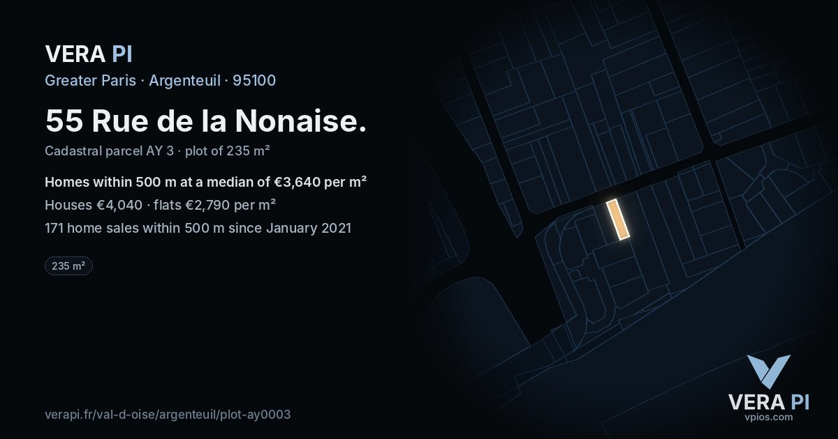 55 Rue de la Nonaise, Argenteuil at night – the plot lit, the parcels around coloured by the prices near them
