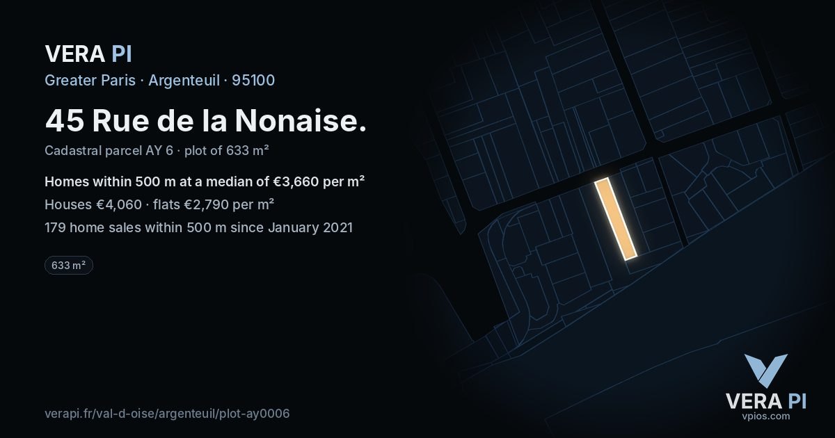 45 Rue de la Nonaise, Argenteuil at night – the plot lit, the parcels around coloured by the prices near them
