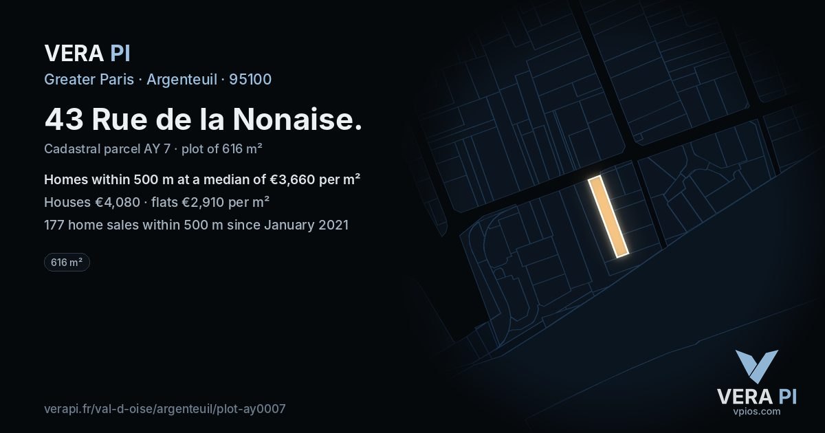 43 Rue de la Nonaise, Argenteuil at night – the plot lit, the parcels around coloured by the prices near them