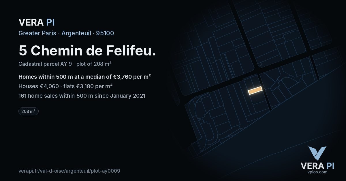 5 Chemin de Felifeu, Argenteuil at night – the plot lit, the parcels around coloured by the prices near them