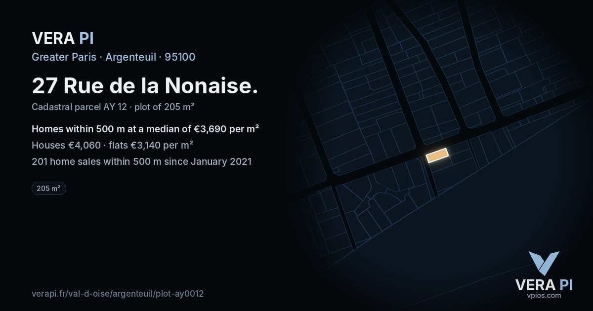 27 Rue de la Nonaise, Argenteuil at night – the plot lit, the parcels around coloured by the prices near them