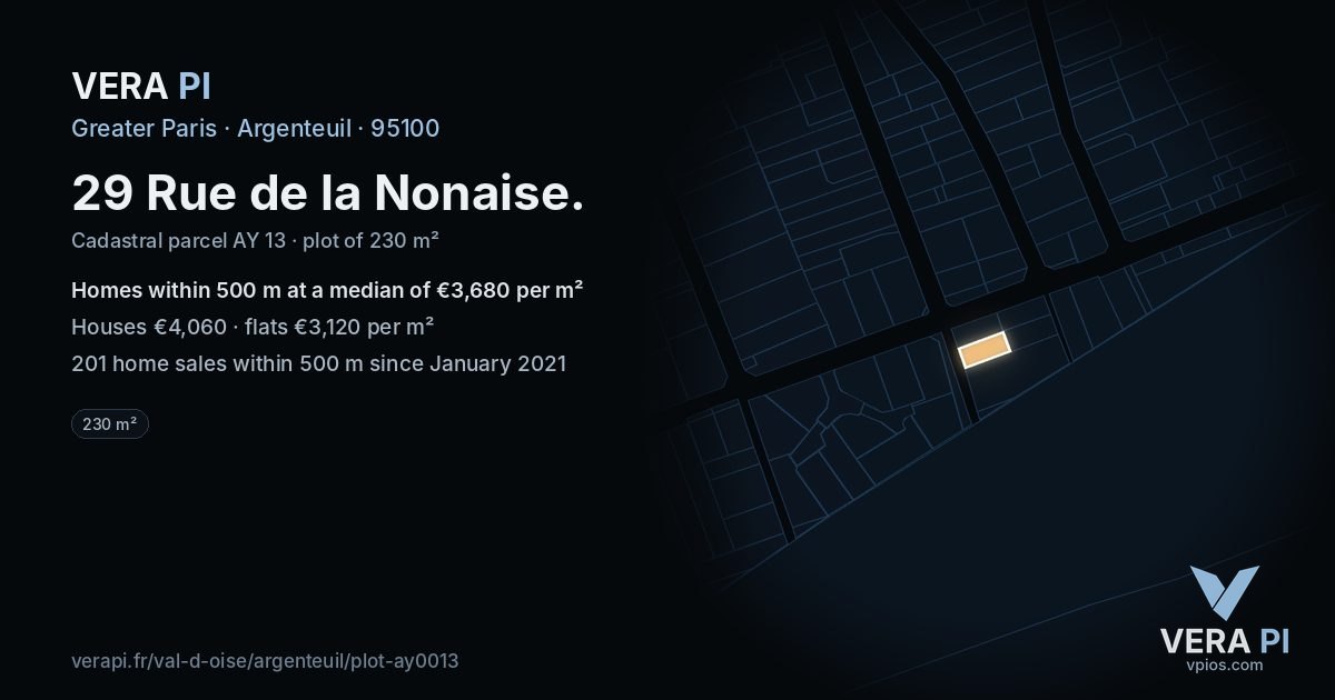 29 Rue de la Nonaise, Argenteuil at night – the plot lit, the parcels around coloured by the prices near them