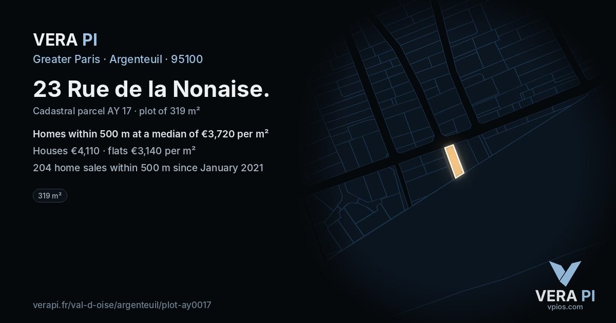 23 Rue de la Nonaise, Argenteuil at night – the plot lit, the parcels around coloured by the prices near them