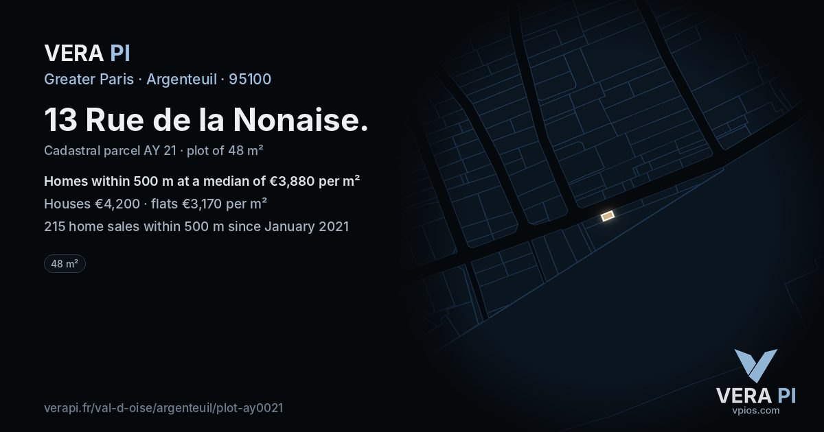 13 Rue de la Nonaise, Argenteuil at night – the plot lit, the parcels around coloured by the prices near them