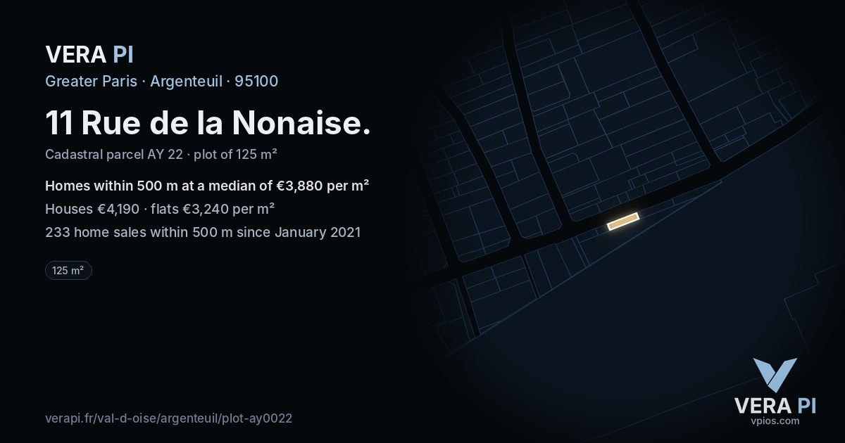 11 Rue de la Nonaise, Argenteuil at night – the plot lit, the parcels around coloured by the prices near them