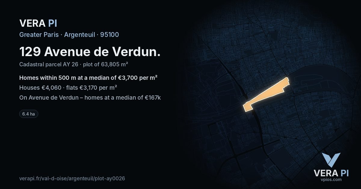 129 Avenue de Verdun, Argenteuil at night – the plot lit, the parcels around coloured by the prices near them