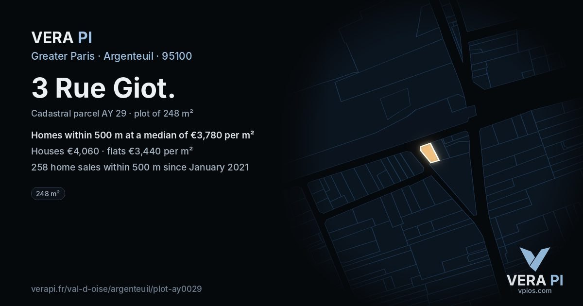 3 Rue Giot, Argenteuil at night – the plot lit, the parcels around coloured by the prices near them