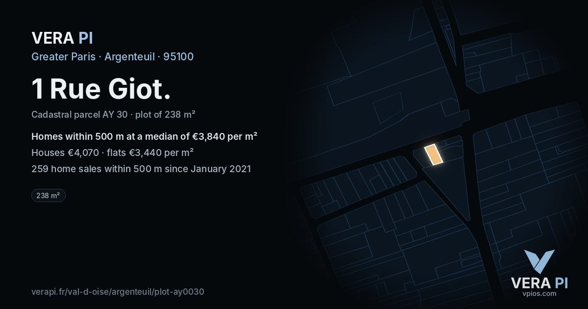 1 Rue Giot, Argenteuil at night – the plot lit, the parcels around coloured by the prices near them