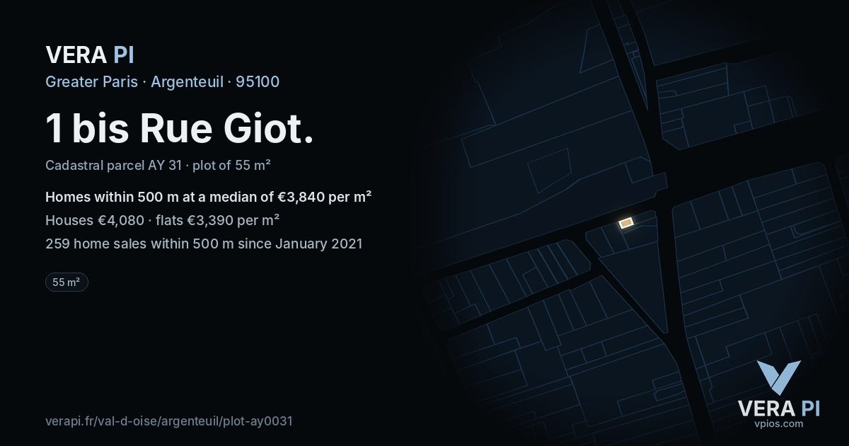 1 bis Rue Giot, Argenteuil at night – the plot lit, the parcels around coloured by the prices near them