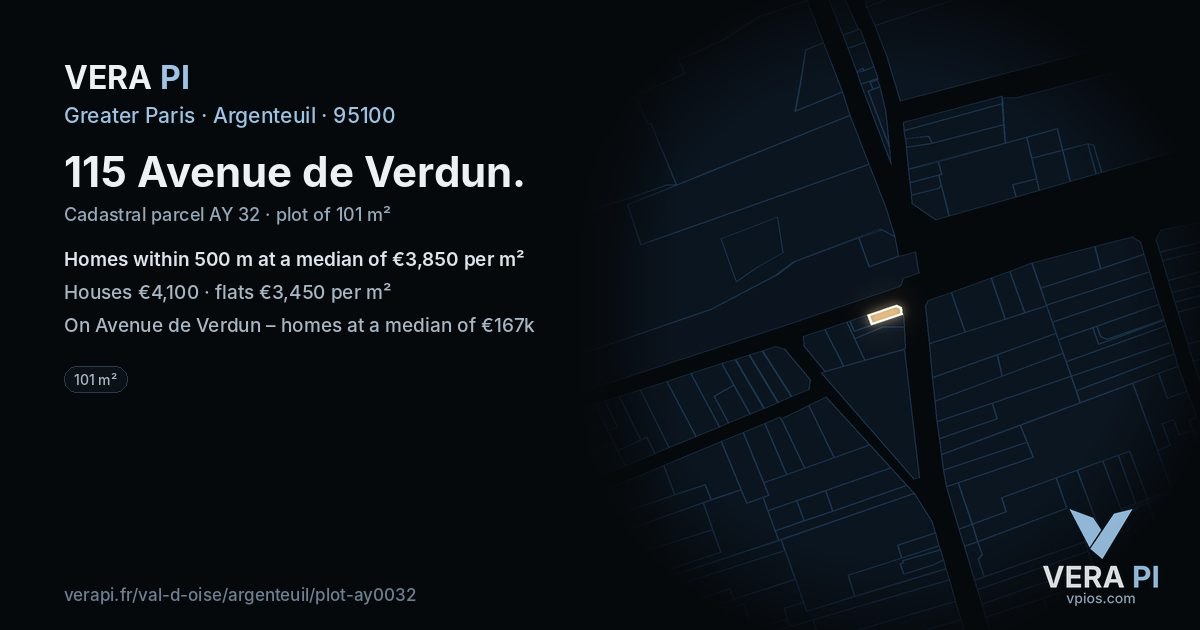 115 Avenue de Verdun, Argenteuil at night – the plot lit, the parcels around coloured by the prices near them
