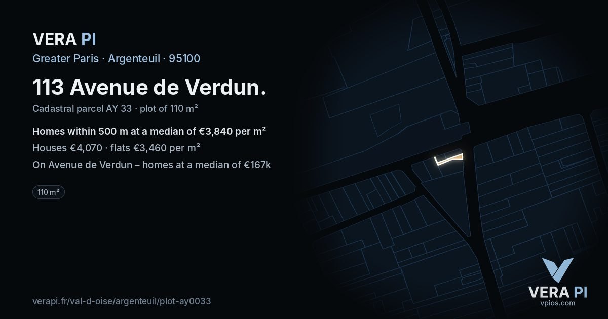 113 Avenue de Verdun, Argenteuil at night – the plot lit, the parcels around coloured by the prices near them