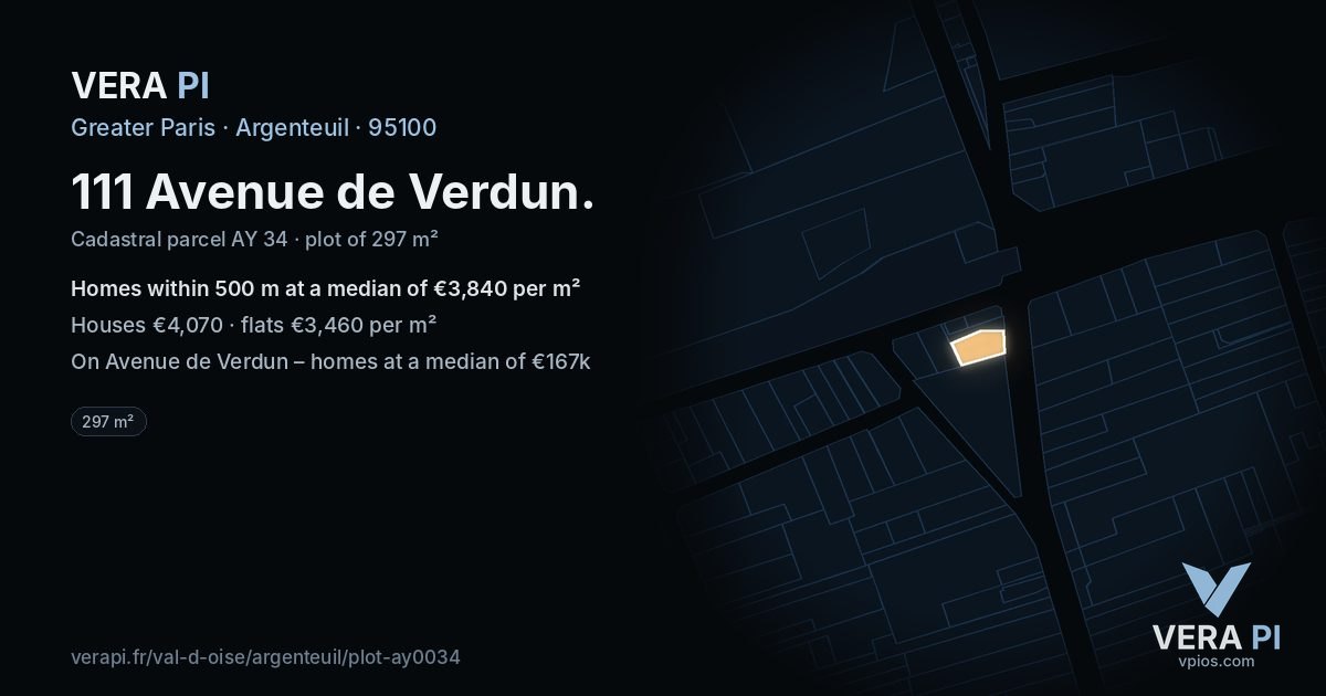 111 Avenue de Verdun, Argenteuil at night – the plot lit, the parcels around coloured by the prices near them