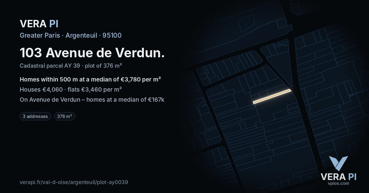 103 Avenue de Verdun, Argenteuil at night – the plot lit, the parcels around coloured by the prices near them