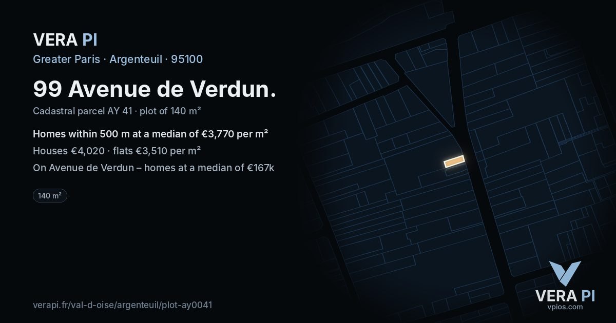 99 Avenue de Verdun, Argenteuil at night – the plot lit, the parcels around coloured by the prices near them