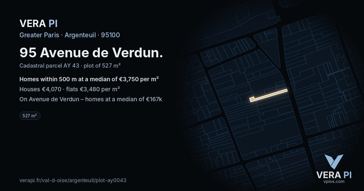 95 Avenue de Verdun, Argenteuil at night – the plot lit, the parcels around coloured by the prices near them