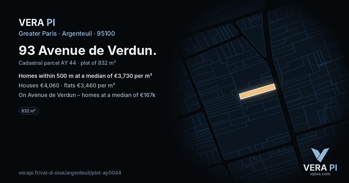 93 Avenue de Verdun, Argenteuil at night – the plot lit, the parcels around coloured by the prices near them