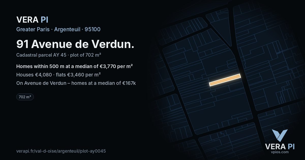 91 Avenue de Verdun, Argenteuil at night – the plot lit, the parcels around coloured by the prices near them