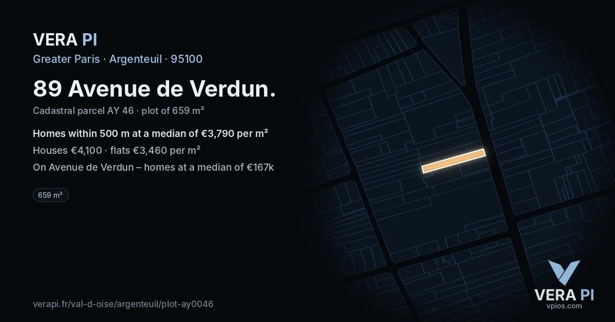 89 Avenue de Verdun, Argenteuil at night – the plot lit, the parcels around coloured by the prices near them