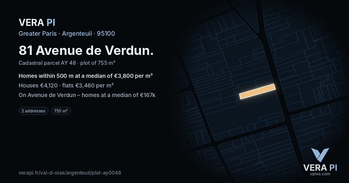 81 Avenue de Verdun, Argenteuil at night – the plot lit, the parcels around coloured by the prices near them