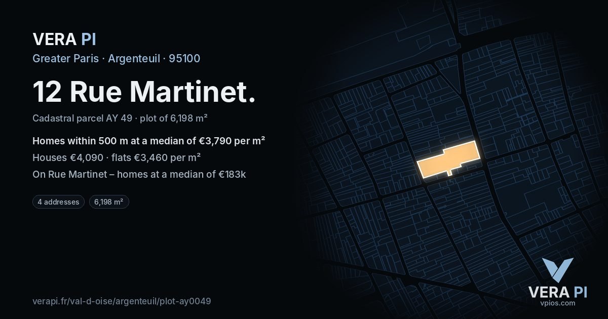 12 Rue Martinet, Argenteuil at night – the plot lit, the parcels around coloured by the prices near them