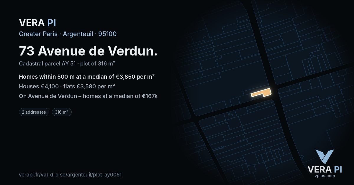 73 Avenue de Verdun, Argenteuil at night – the plot lit, the parcels around coloured by the prices near them
