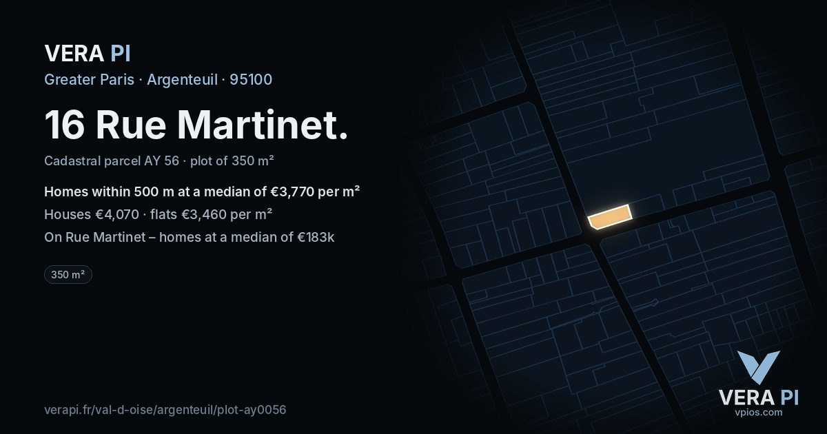 16 Rue Martinet, Argenteuil at night – the plot lit, the parcels around coloured by the prices near them