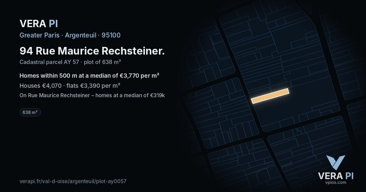 94 Rue Maurice Rechsteiner, Argenteuil at night – the plot lit, the parcels around coloured by the prices near them