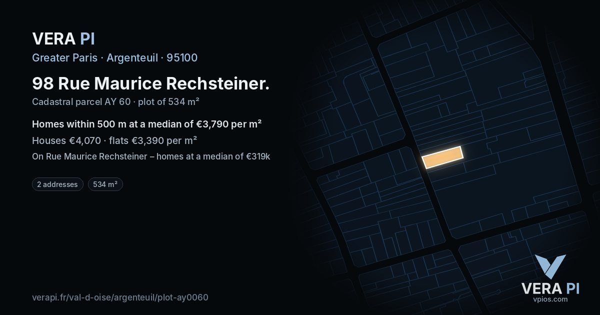 98 Rue Maurice Rechsteiner, Argenteuil at night – the plot lit, the parcels around coloured by the prices near them