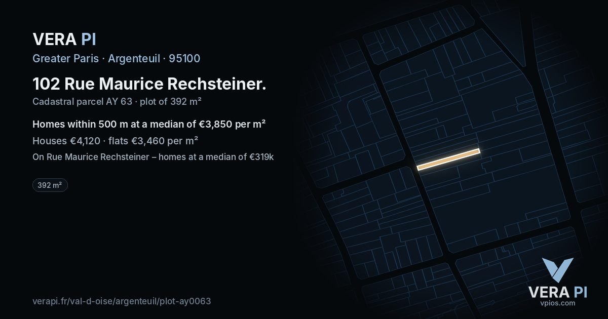 102 Rue Maurice Rechsteiner, Argenteuil at night – the plot lit, the parcels around coloured by the prices near them