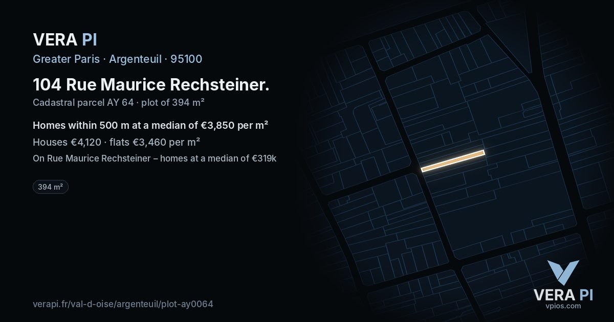 104 Rue Maurice Rechsteiner, Argenteuil at night – the plot lit, the parcels around coloured by the prices near them