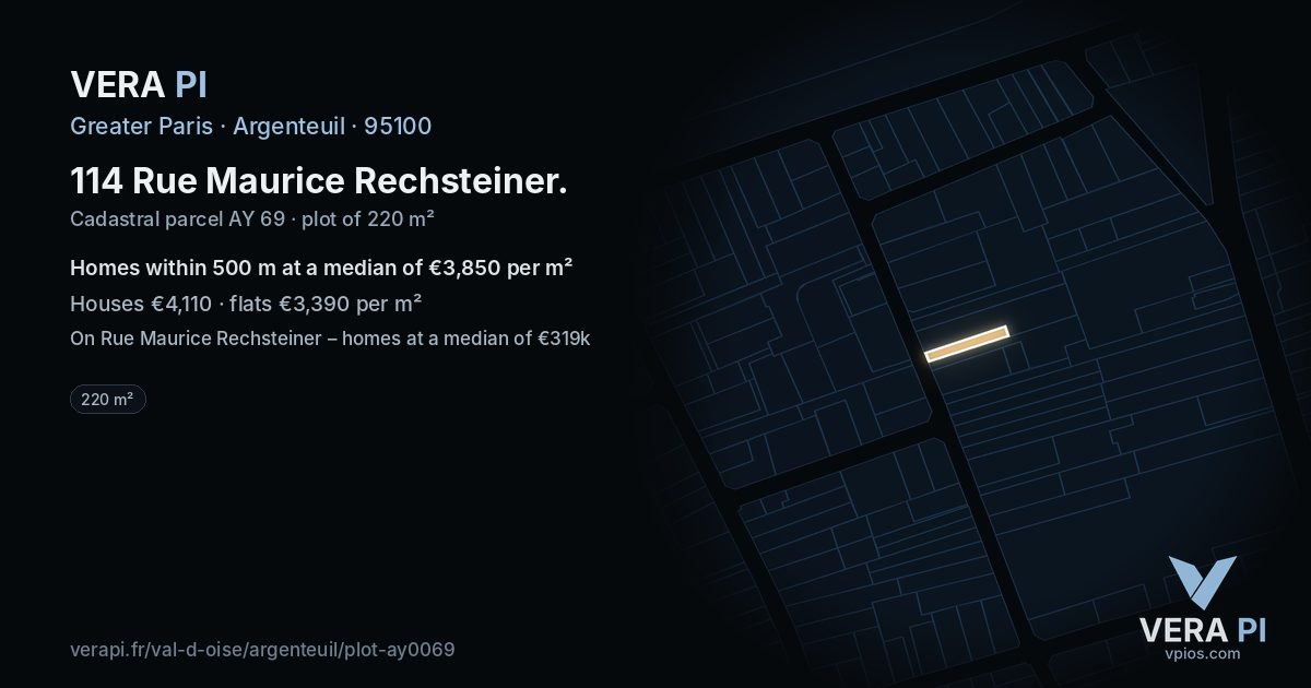 114 Rue Maurice Rechsteiner, Argenteuil at night – the plot lit, the parcels around coloured by the prices near them