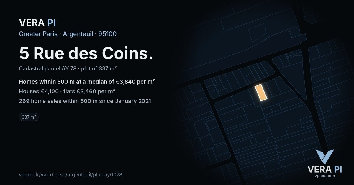 5 Rue des Coins, Argenteuil at night – the plot lit, the parcels around coloured by the prices near them