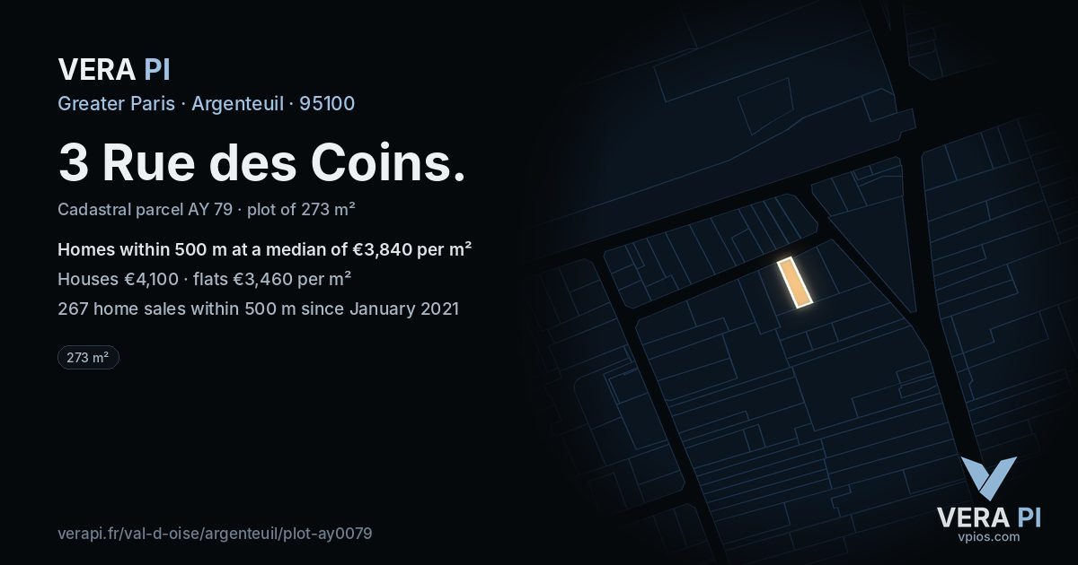 3 Rue des Coins, Argenteuil at night – the plot lit, the parcels around coloured by the prices near them