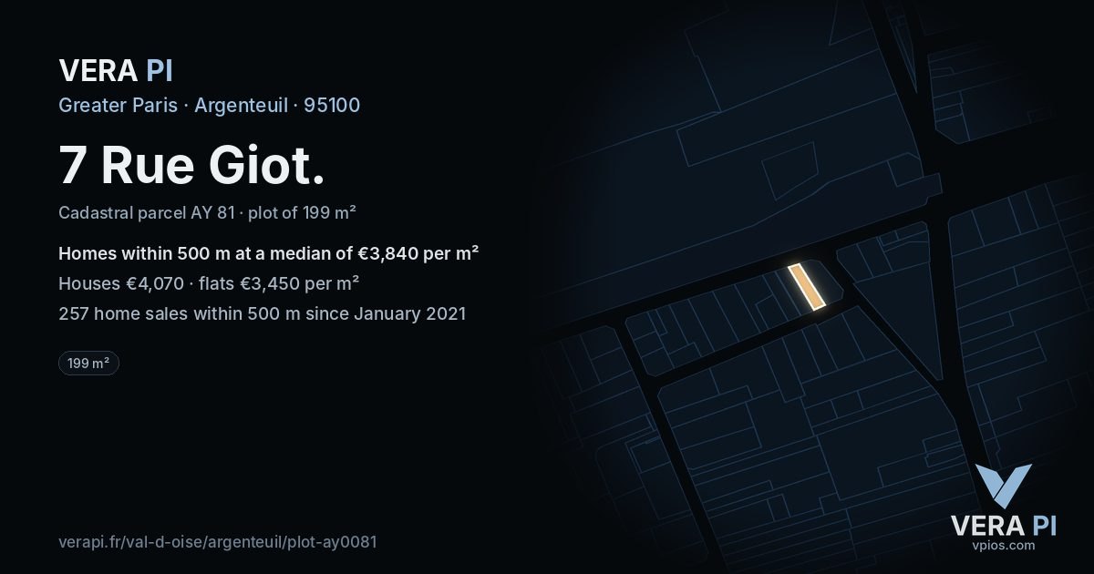 7 Rue Giot, Argenteuil at night – the plot lit, the parcels around coloured by the prices near them