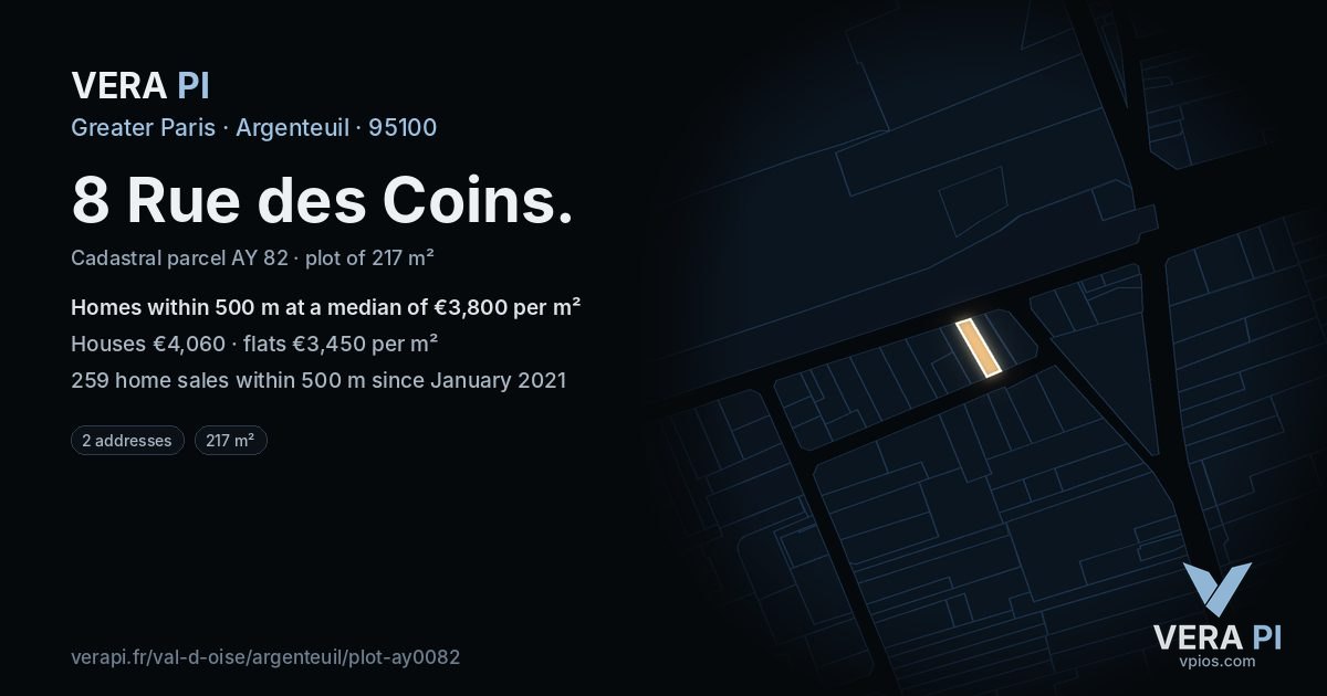 8 Rue des Coins, Argenteuil at night – the plot lit, the parcels around coloured by the prices near them