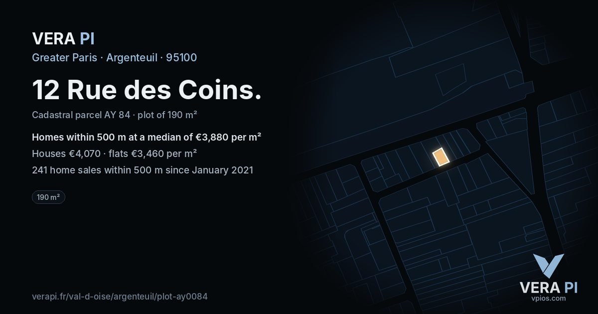 12 Rue des Coins, Argenteuil at night – the plot lit, the parcels around coloured by the prices near them