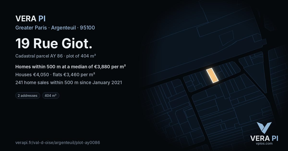 19 Rue Giot, Argenteuil at night – the plot lit, the parcels around coloured by the prices near them