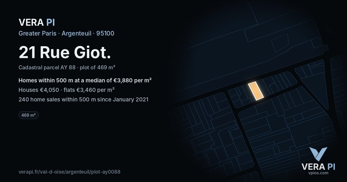 21 Rue Giot, Argenteuil at night – the plot lit, the parcels around coloured by the prices near them