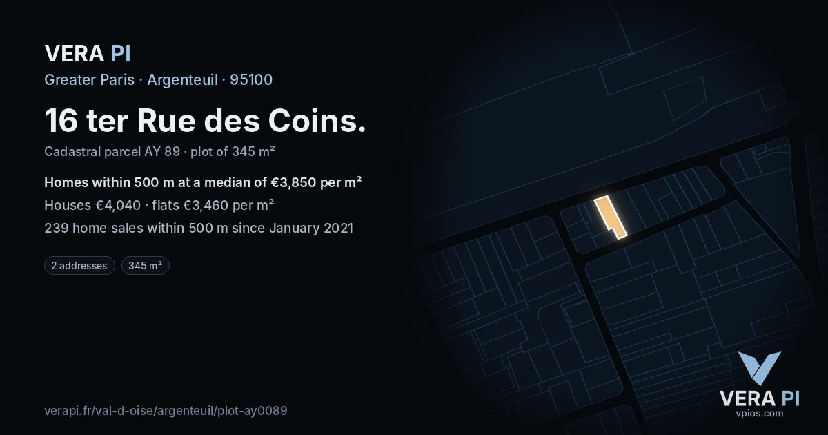 16 ter Rue des Coins, Argenteuil at night – the plot lit, the parcels around coloured by the prices near them